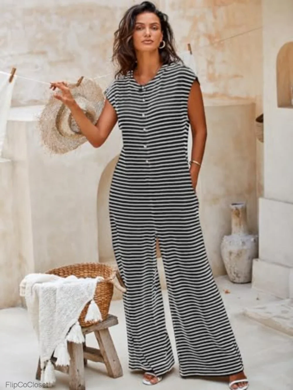 Women's Striped Wide Leg Jumpsuit Button Down Sleeveless Romper